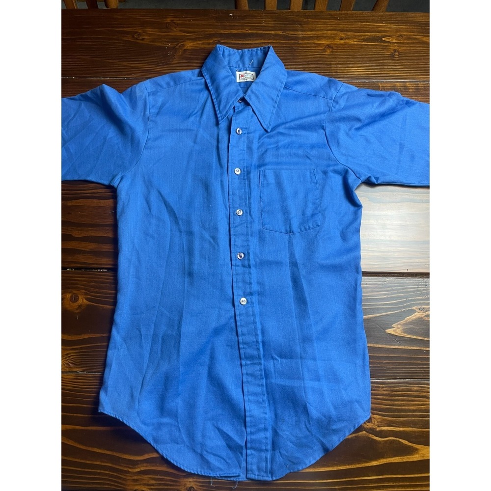 K-mart Shirt Men's Size M Blue Button Up Vintage Short Sleeve Pocket Curved Hem